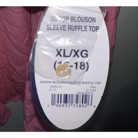 Scoop Women's Top XL-16-18 Pink  Long Sleeve Blouson Sleeve  NWT Ruffle Top - Picture 9 of 9